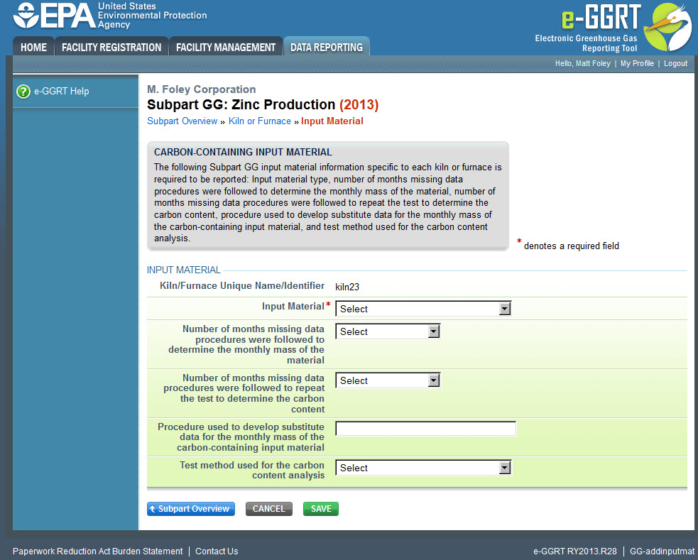 Subpart GG - Step 4: Enter Carbon-Containing Input Materials